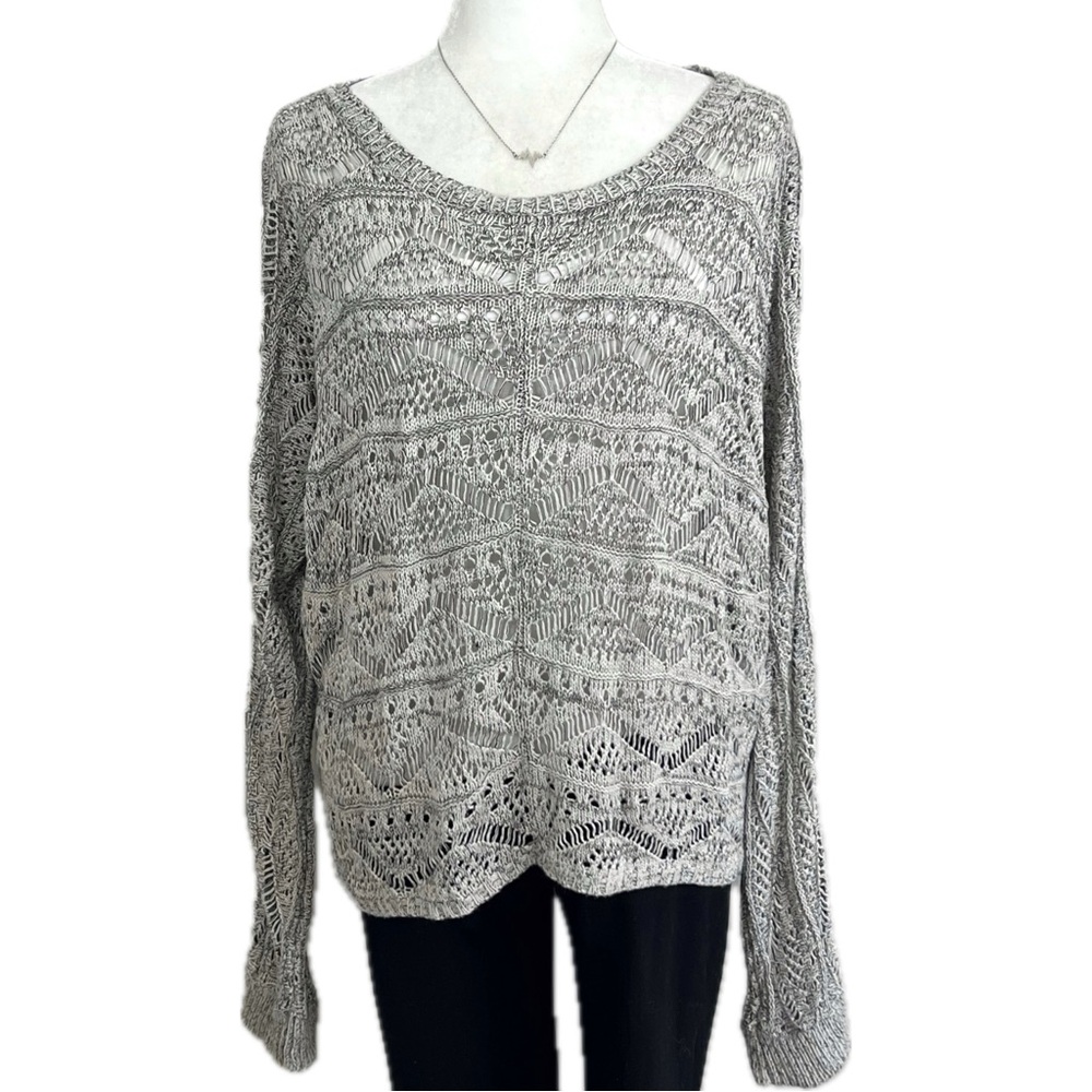 LUSH Boho Sweater Slouchy Loose Knit Scoop Neck Long Sleeve Pullover Gray Large